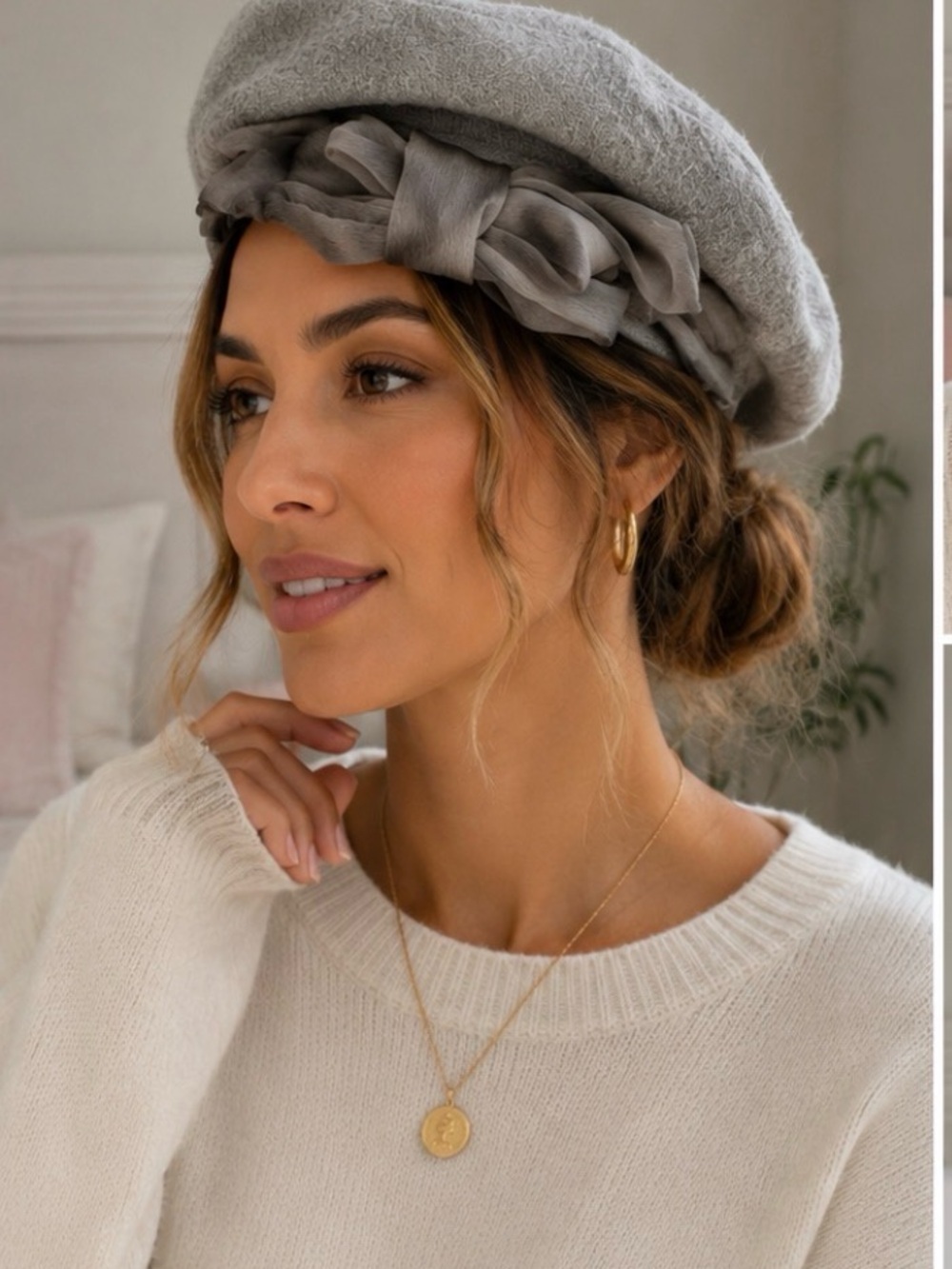 Lilliput Hats Women’s Light Gray Beret with Braided Ribbon Detail